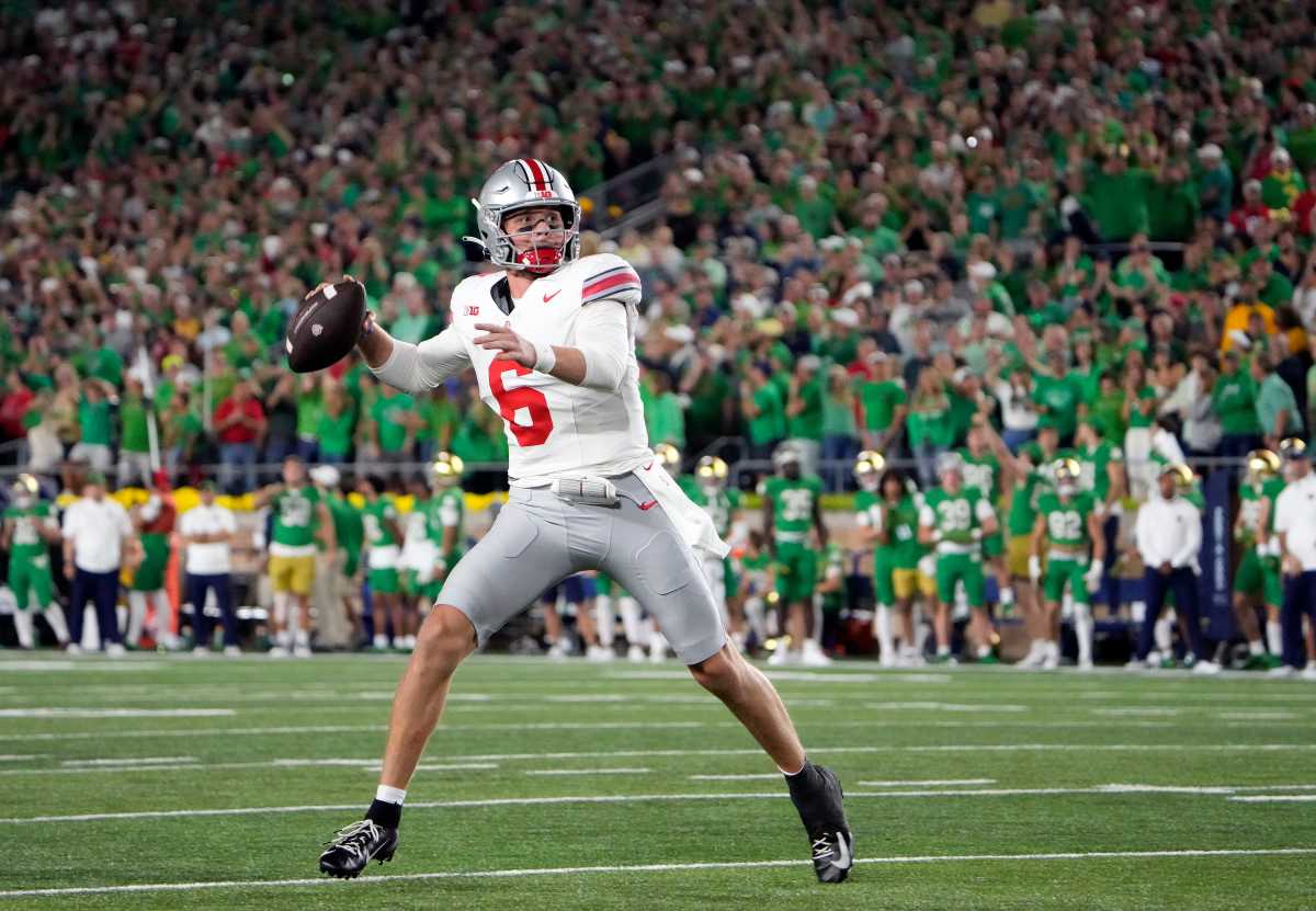 Ohio State Buckeyes quarterback Kyle McCord (6) throws a pass against the Notre Dame Fighting Irish at Notre Dame Stadium Sept. 23. Ohio State won 17-14.